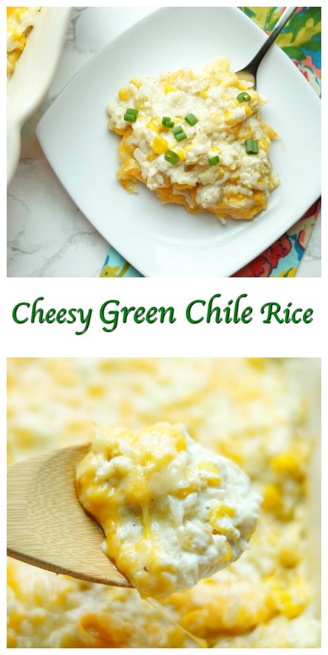 This Cheesy Green Chile Rice is creamy, cheesy, and so tangy from the green chiles! This will definitely be one of your family's new favorite side dishes! Creamy Mexican Rice, Rice Recipes Mexican, Green Chile Rice Casserole, Green Chile Rice, Hatch Chilies, Mexican Side Dish, Mexican Side, Chili Rice, Hatch Chili