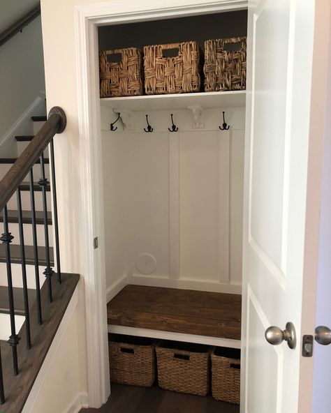 52 Likes, 10 Comments - Norka Reynolds (@aveganandhersprouts) on Instagram: “My weekend project! Coat closet makeover. I hated my closet so much. Before and after pictures…” Entryway Diy Storage, Coat Closet Organization Ideas Entryway, Hallway Closet Transformation Ideas, Small Entrance Closet Organization, Coat Closet Designs Entryway, Coat Closer To Mudroom, Entry Closet Turned Mudroom, Hallway Closet Storage Ideas, Hallway Closet Into Pantry