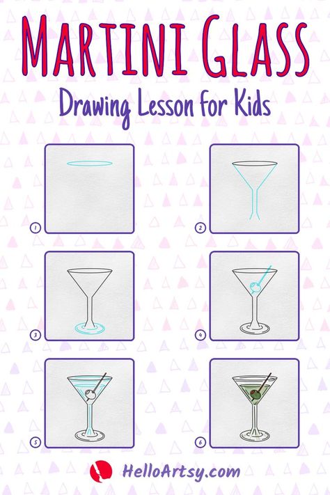 Step by step images demonstrating a How to Draw a Martini Glass - A Drawing Lesson for Kids! How To Draw Cocktails Step By Step, How To Draw A Martini Glass Step By Step, How To Draw Cocktails, Cocktail Glasses Drawing, How To Draw A Wine Glass Easy, Martini Glass Drawing Simple, Martini Canvas Painting, Martini Drawing Simple, How To Draw Drinks