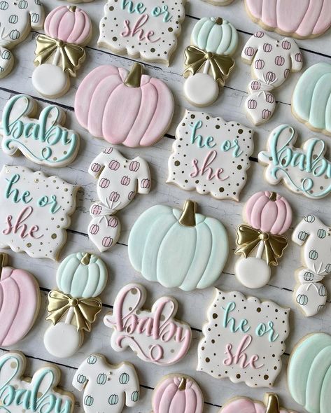 Fall Gender Reveal Desserts, A Little Pumpkin Gender Reveal, Pumpkin Themed Gender Reveal Party Ideas, Gender Reveal Ideas Pumpkin Theme, Gender Reveal Treat Ideas, He Or She What Will Our Pumpkin Be, Fall Gender Reveal Cookies, Pumpkin Gender Reveal Cookies, Gender Reveal Cookies Ideas Simple