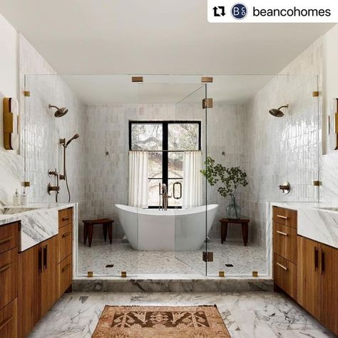 Primary Bathroom Tub Shower Combo, Open Shower Tub Combo Master Bathrooms, Primary Bed And Bath Layout, Master Bath And Shower Combo, Bathroom With Fireplace Master, Bathtub And Shower Design Inspiration, Tub In Shower Room, Large Tub Shower Combo Master Suite, Bathtubs In Showers