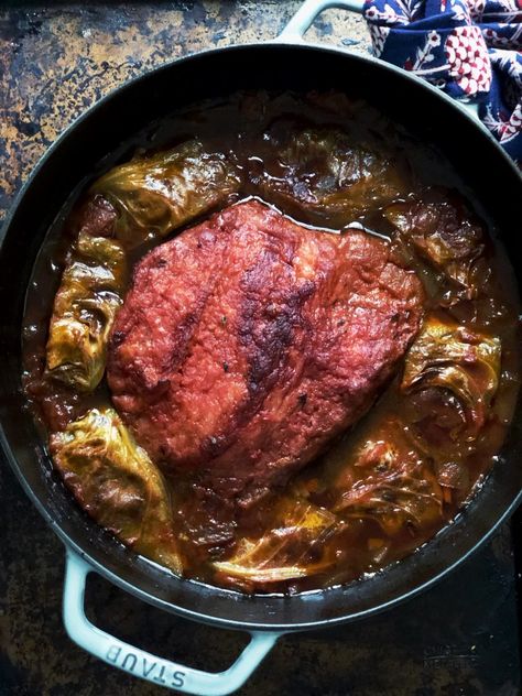 Corned Beef Brisket Braised in Guinness | herlongwayhome Guinness Corned Beef Dutch Oven, Guinness Braised Brisket, Guinness Braised Corned Beef, Corned Beef With Guiness Beer, Braised Corned Beef Brisket, Brisket Braised, St Patricks Day Dinner, Braised Corned Beef, Beef Roasts