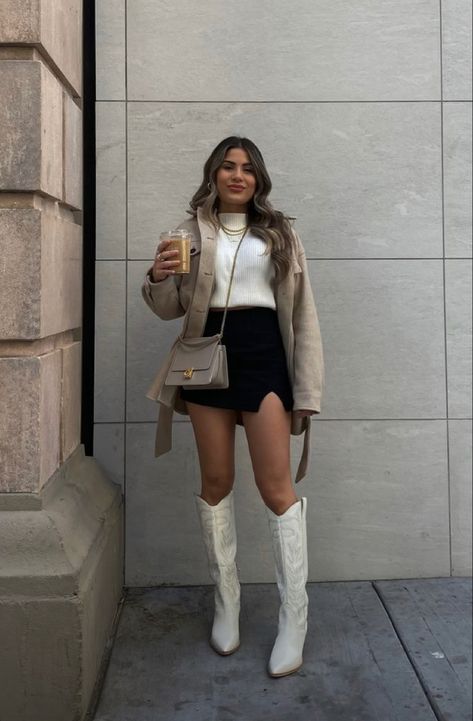 Dress With Boots Winter Wedding Guest, Guadalajara Outfits Winter, Mini Skirt And Calf Boots, Cowgirl Boots Christmas Outfit, Western Outfits With White Boots, White Tecovas Outfit, Chic Cowboy Boots Outfit Winter, Style White Cowgirl Boots, Womens Nashville Outfits Winter