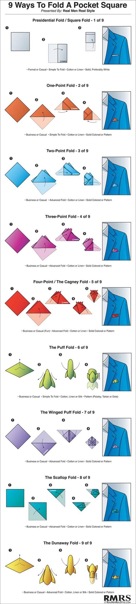 9 Ways To Fold A Pocket Square Infographic 600 Simpul Dasi, Pocket Square Folds, Fashion Infographic, How To Fold, Sharp Dressed Man, Men Style Tips, Gentleman Style, Suit And Tie, Tie And Pocket Square