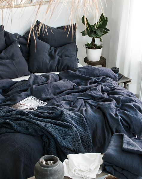 Dark And Light Blue Bedroom, Black And Navy Bed, Dark Bedding White Walls, Navy Masculine Bedroom, Dark Bedding Light Walls, Midnight Blue Bedding, Men Bedding Sets, Navy Blue Room Ideas Bedroom, Navy Blue Bedding Aesthetic