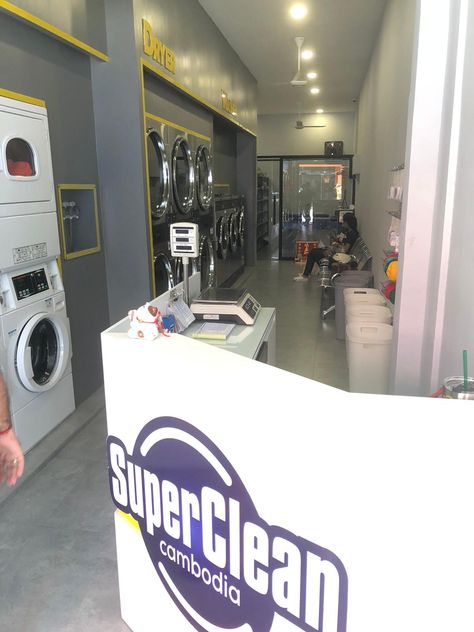 Super Clean Laundry inaugurated in Nov 2019 a complete B2B and B2C Laundromat in Cambodia. Laundry Shop Ideas, Laundry Shop Design Ideas, Laundry Store Design Ideas, Laundry Cafe, Store Reference, Tempat Laundry, Laundromat Business, Laundry Logo, Laundry Office