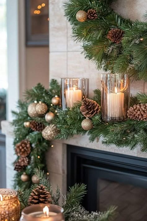 Christmas Mantle With Candles, Lobby Christmas Decorations, Cozy Winter Home, Luxury Christmas Decor, Cozy Christmas Decor, White Tablecloth, Christmas Decor Inspiration, Christmas Mantel Decorations, Christmas Mantel