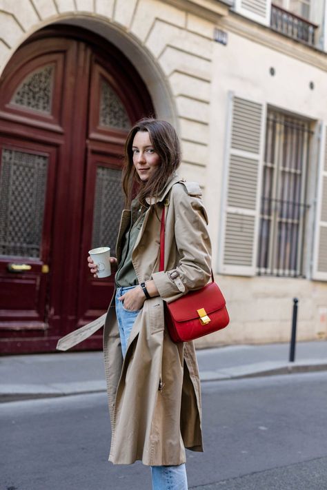 Red Crossbody Bag Outfit, Celine Bag Outfit, Red Purse Outfit, Red Coat Outfit, Red Bag Outfit, Celine Classic Box, Celine Box Bag, Parisian Wardrobe, Crossbody Bag Outfit