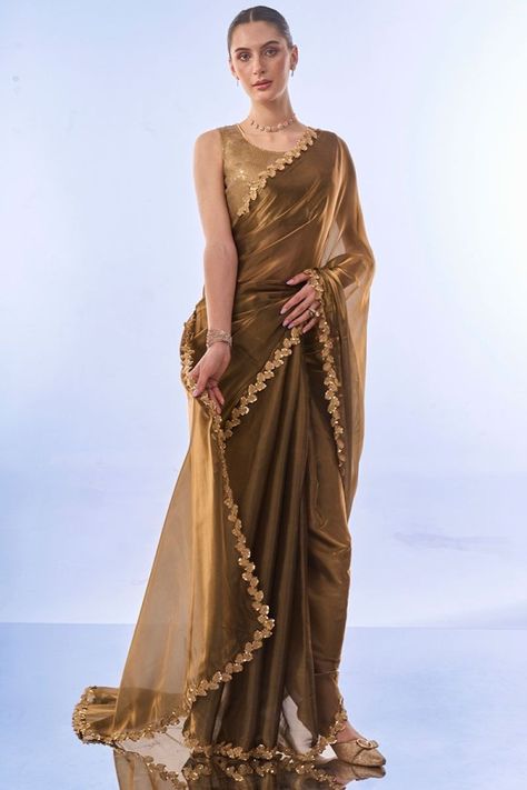 Mehendi Tissue Organza Partywear Saree Brown Organza Saree, Golden Saree, Sarees For Girls, Tissue Saree, Lehenga Style, Designer Kurti, Ghagra Choli, Smart Dress, Wedding Function