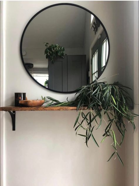 Round Mirrors And Floating Shelves, Floating Shelves And Mirror Wall Decor, Floating Shelf And Round Mirror, Shelf Under Round Mirror, Round Mirror Entryway Floating Shelf, Circle Mirror With Floating Shelf, Black Circle Mirror With Shelf, Black Round Mirror, Gray Living Room Design