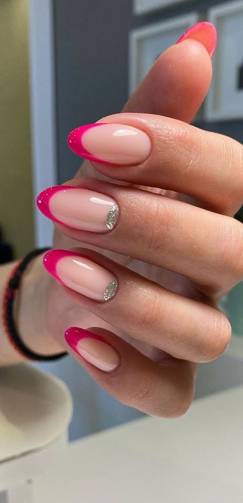 Fushia French Nail, Bright Pink French Tip Nails Almond, Raspberry French Tip Nails, Fuchsia Nails Ideas, Fuscia Nails Design, French Nails Ideas Almond, Bright French Nails, Cool French Nails, Neon Pink French Nails