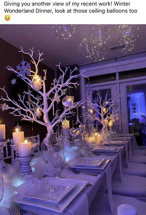 Winter Ball Party Ideas, Winter Wonderland 60th Birthday Party, Winter Ball Table Decorations, Winter Land Party Theme, Enchanted Winter Wonderland, Winter Wonderland Buffet Table, Winter Wonderland Food Table, Winter Wonderland Tea Party Ideas, Winter Theme Dinner Party