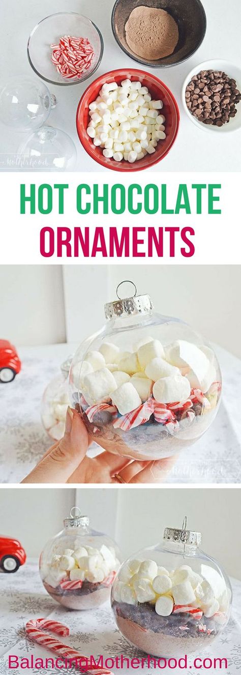 Gift-giving made easy with this DIY hot chocolate ornament. All you need are a few ingredients and some clear, fillable ornaments. Make great teacher gifts, party favors, and additions to gift cards or other gifts. #diychristmasornaments #christmas #hotchocolateideas Christmas Ornament Party Favors, Hot Chocolate Ornaments Diy, Hot Chocolate Ornaments, Corny Gifts, Diy Christmas Gifts Food, Yule Ideas, Diy Seasonings, Merry Chrysler, Chocolate Ornament