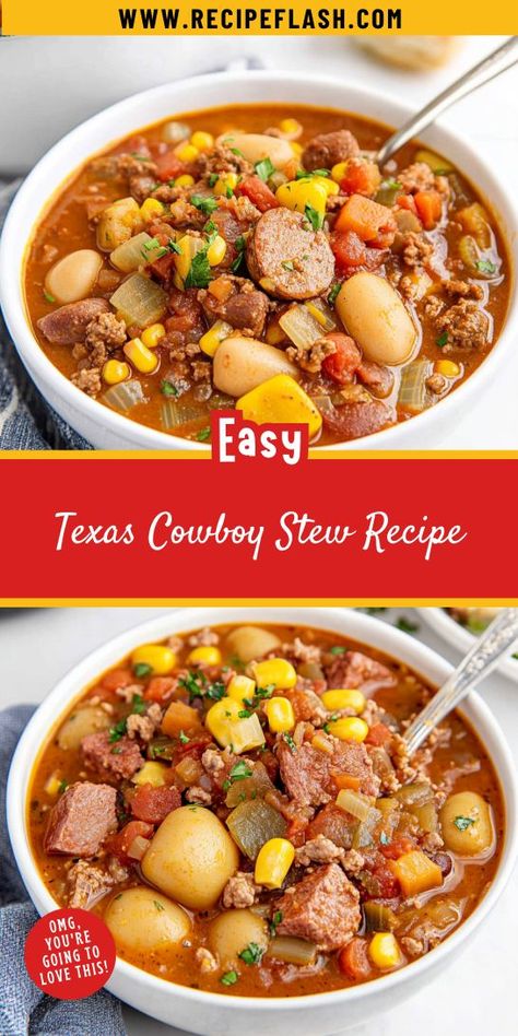 Want to impress your family with a bold and flavorful stew? This Texas Cowboy Stew Recipe combines ground beef, fresh veggies, and zesty seasonings for a filling dish everyone will enjoy. Don't forget to save this must-try ground beef recipe for your next family dinner! Cowboy Stew Recipe Ground Beef Easy, Cowboy Stew Recipe Ground Beef, Recipes With Stew Meat, Texas Stew, Texas Cowboy Stew Recipe, Cowboy Stew Recipe, Texas Cowboy Stew, Hobo Stew, Beef Stew Meat Recipes