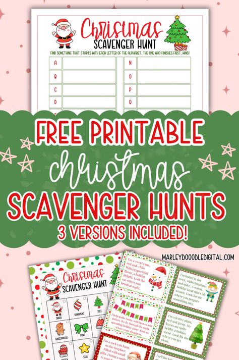 Bring the fun of a scavenger hunt to your Christmas celebration with these free printable clues! With 3 versions to choose from—24 clue cards, picture-word cards for younger kids, and a challenging hunt for older children—these scavenger hunts are perfect for keeping kids entertained on Christmas morning, at a holiday party, or during family gatherings. Download your free printables now! Virtual Scavenger Hunt Ideas For Work, Kids Christmas Scavenger Hunt Clues, Scavenger Hunt Christmas Clues, Free Christmas Scavenger Hunt Printable, Christmas Scavenger Hunt Ideas For Teens, Printable Scavenger Hunt Clues, Kids Christmas Scavenger Hunt, Scavenger Hunt Clues For Kids, Christmas Scavenger Hunt Clues