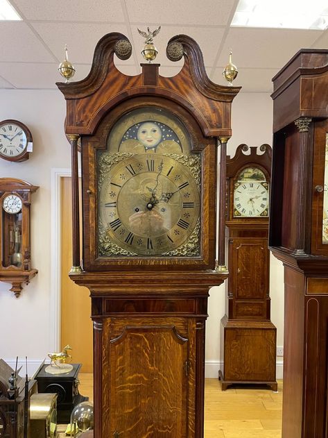 Grandmother Clocks, Antique Clocks For Sale, Grandmother Clock, Moon Date, Grandfather Clocks, Carriage Clocks, Pendulum Clock, Shelf Clock, Old Clocks