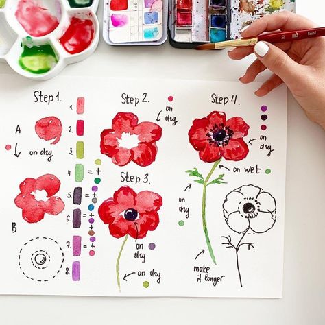 Red Anemone, Step By Step Watercolor, Watercolor Beginner, Watercolor Flowers Tutorial, Watercolor Books, Drawing Flowers, Watercolor Paintings For Beginners, Fotografi Vintage, Diy Watercolor Painting