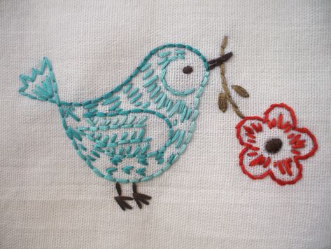 Simple Things To Embroider, Bluebird Embroidery, Fly Stitch, Stem Stitch, Birds Embroidery Designs, Embroidered Bird, Baby Embroidery, Bird Embroidery, Embroidery Patterns Vintage