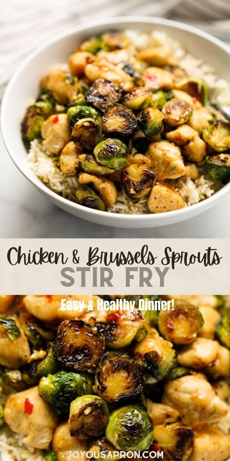 Brussels Sprout And Chicken, Chicken Breast And Brussel Sprouts Recipes, Ground Chicken Brussel Sprouts, Brussel Sprout Chicken Recipes, Meal Prep Chicken Thighs, Chicken Thigh Stir Fry, Chicken And Brussels Sprouts, Chicken Brussel Sprouts, Joyous Apron