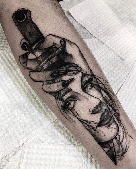 Knife Woman Tattoo, Face In Knife Tattoo, Knife Reflection Tattoo, Back Tattoo Women Spine Knife, Knife With Face Tattoo, Knife Tattoo Women, Feminine Knife Tattoo, Blade Tattoos For Women, Dagger Tattoo For Men