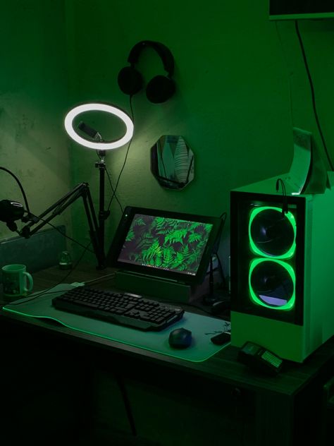 #gamer #gaming #gamingsetups #green #pcgaming Black And Green Setup, My Gaming Setup, Gamer Setup, Home Studio Setup, Studio Setup, Gaming Setup, Book Characters, Gaming Pc, Green And Purple