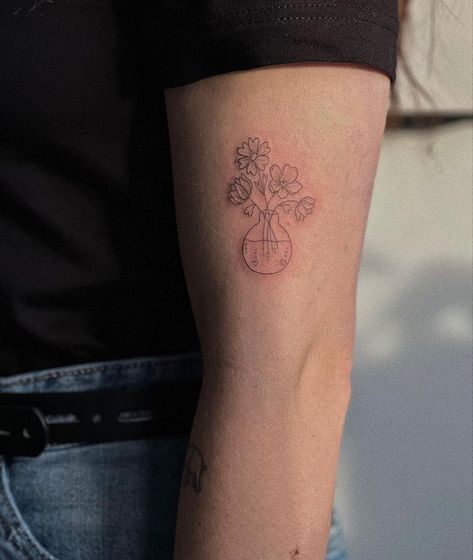 Flowers In Vase Tattoo Simple, Flower Vases Tattoo, Potted Flower Tattoo, Flowers Vase Tattoo, Flower Vase Tattoo Simple, Vase And Flowers Tattoo, Small Vase Tattoo, Vase And Flower Tattoo, Vase Flower Tattoo