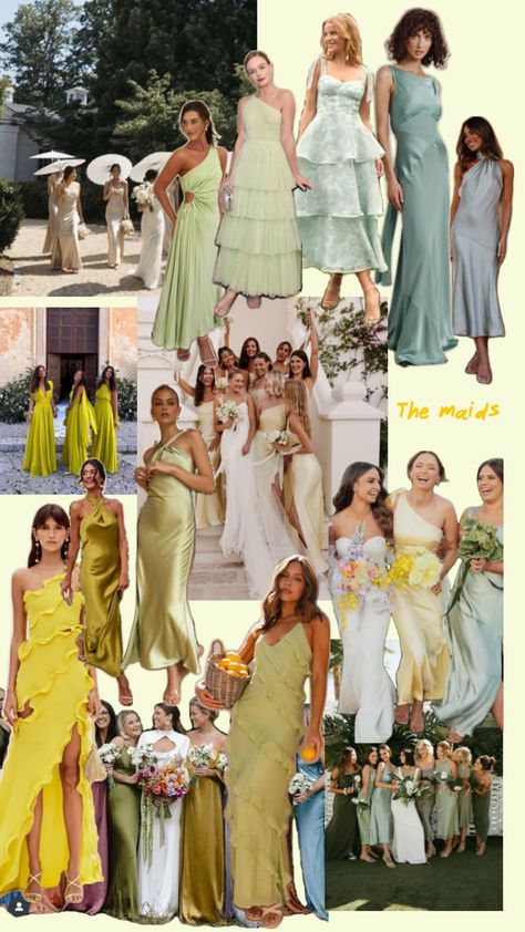 Yellow-green-blue bridesmaid variations and ideas. Bridesmaids Dresses Spring Colors, Yellow Blue Green Bridesmaid Dresses, Wedding Guest Outfit Yellow, Blue Green Yellow Bridesmaid Dresses, Sage Green And Blue Bridesmaid Dresses, Yellow Green Bridesmaid Dresses, Green And Yellow Bridesmaid Dresses, Yellow And Green Bridesmaid Dresses, Green And White Bridesmaid Dresses