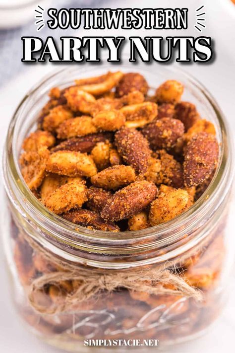 Southwestern Party Nuts Recipe - A dash of spice and hint of sweetness make for an addicting treat! Party Nuts Recipe, Nut Mix Recipe, Candied Nuts Recipe, Roasted Nuts Recipe, Spiced Nuts Recipe, Seasoned Nuts, Spicy Nuts, Simply Stacie, Nut Snacks