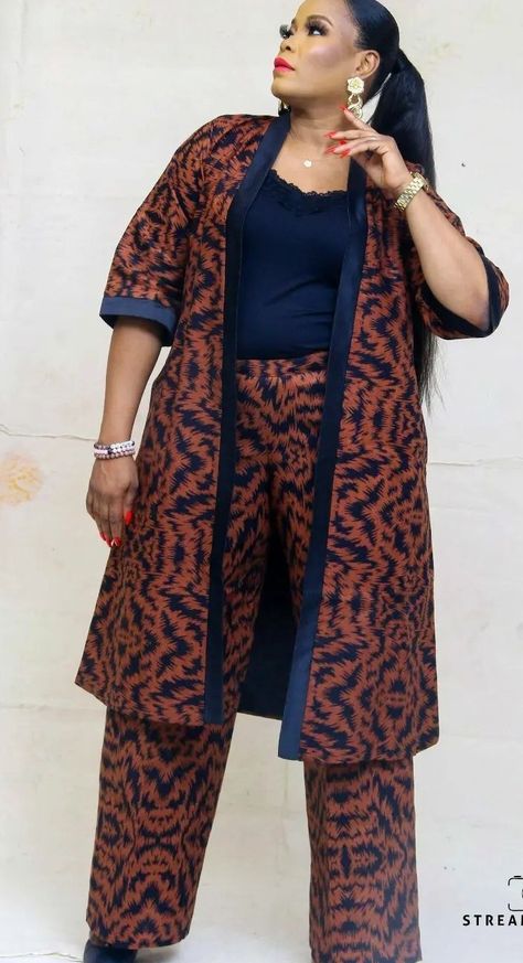 Adire Jacket And Trouser, Kampala Kimono Styles, Kampala Top And Trouser, Adire Trousers And Tops, Ankara Kimono Jacket And Trouser, Ankara Trouser And Top, Kimono And Palazzo Outfit, Ankara Trousers And Top For Women, Palazzo Trouser And Top