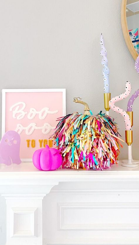 DIY Rainbow Fringe Pumpkin Rainbow Fringe, Rainbow Halloween, Fringe Curtains, Diy Holiday Party, Magic Theme, Halloween Crafting, Diy Confetti, Fringe Backdrops, Diy Rainbow