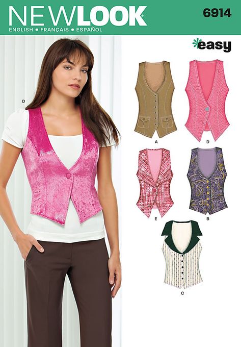 Purchase New Look 6914 and read its pattern reviews. Find other Vests, sewing patterns. Women Top Sewing Pattern, Vest Sewing, Vest Sewing Pattern, New Look Patterns, Sewing Clothes Women, Trendy Sewing, Top Sewing Pattern, Easy Sewing Patterns, Vest Pattern