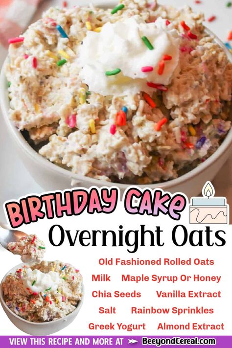 Birthday Overnight Oats, Birthday Cake Overnight Oats, Cake Overnight Oats, Mom Breakfast, Breakfast Oats Overnight, Oat Recipes, Greek Yogurt Flavors, Oat Recipes Healthy, Homemade Foods