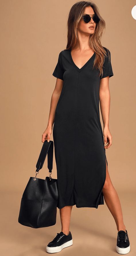 Midi T Shirt Dress, Midi Dress Outfit, Shirt Dress Outfit, Black Dress Outfits, Midi Short Sleeve Dress, Black Midi, Looks Chic, Fall Fashion Trends, Mode Inspiration