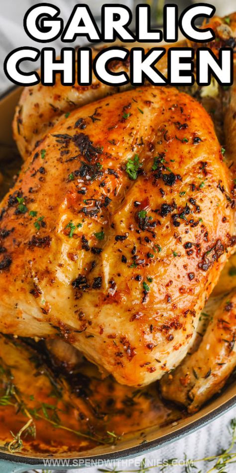 This Garlic Roast Chicken recipe has easy preparation and the best savory & buttery garlic flavor. It's stuffed with simple onion, and fresh rosemary or thyme. With simple ingredients and the perfect roasting time and technique, the chicken comes out tender and juicy on the inside with a crispy and flavorful skin. Roast in the oven and enjoy with favorite side dishes! #oven #garlicroastchicken #spendwithpennies #garlicherbbutterroastchicken Roasted Chicken Recipes, Roasted Chicken Dinner, Garlic Roast Chicken, Garlic Roast, Best Roasted Chicken, Roasted Veggies In Oven, Roast In The Oven, Roast Chicken Recipe, Chicken Roast