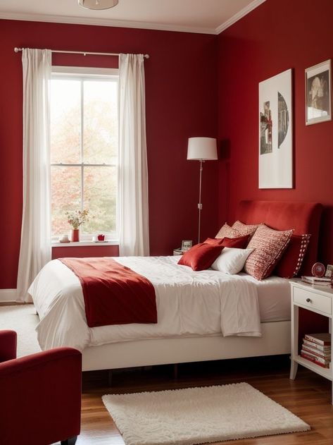 Transform your bedroom into a vibrant red Taylor Swift aesthetic by adding a bold red accent wall. Complete the look with posters of Swift, fairy lights, and a cozy reading nook with a plush red armchair. Red Guest Room, Bedroom Ideas Red And White, Red And White Bedroom Aesthetic, Red Bed Aesthetic, Red Wall Bedroom Ideas, Red Wall Bedroom, Red Themed Bedroom, Bedroom With Red Accents, Red Accent Wall Bedroom