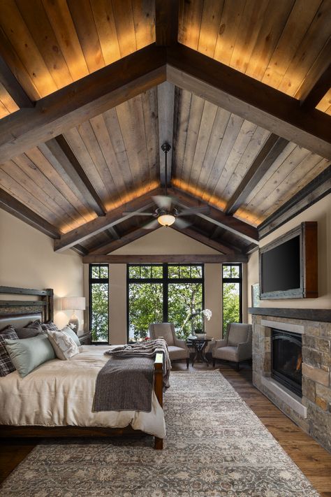 3800 Woodland Cove Parkway, Minnetrista, Minnesota 55331 | Artisan Home Tour Barndominium Bedrooms, Cabin Bedroom Modern, Barndominium Great Room Ideas, Barndo Bedroom Ideas, Barndo Master Bed, Barndominium Master Bed, Barndominium Bedroom Ideas, Small Cottage Homes, Rustic Bedroom