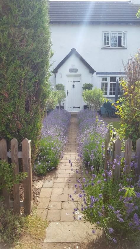 Cottage Garden Entrance, Path To Front Door Cottage, Front Garden Ideas Cottage, Picket Fence Front Garden, English Cottage Garden Fence, Cottage Front Garden Uk, Cottage Hardscaping, Cottage Garden Picket Fence, Front Garden Picket Fence