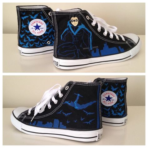 Nightwing Sneakers by *breathless-ness on deviantART Nightwing Merch, Walking Dead Clothes, Bat Brothers, Avengers Nails, Superhero Crafts, Geeky Fashion, Blue Costumes, Superhero Villains, Alt Outfits