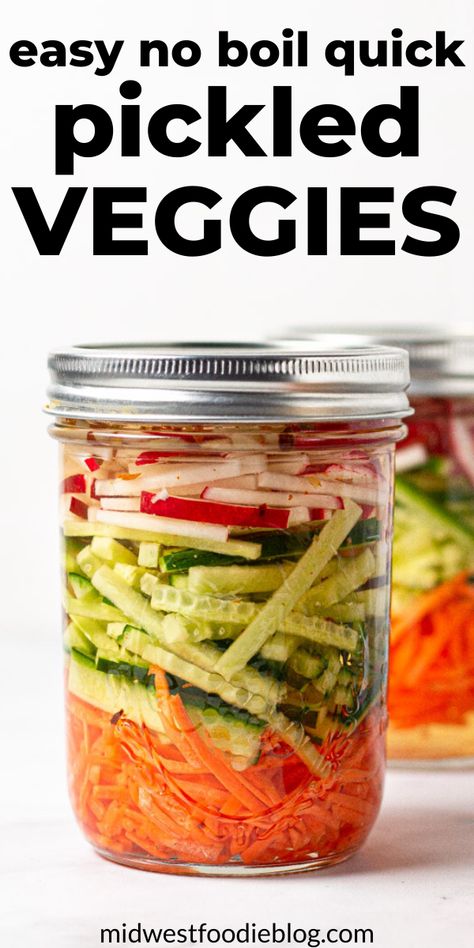 There’s no boiling water required and it takes less than 5 minutes to prep these quick pickled veggies!! They’re the perfect crunchy vegetable addition to any of your favorite dishes! Vietnamese Pickled Vegetables, Quick Pickled Veggies, Quick Pickled Vegetables, Pickled Vegetables Recipe, Crunchy Vegetables, Quick Pickled, Refrigerator Pickles, Fermentation Recipes, Pickled Veggies