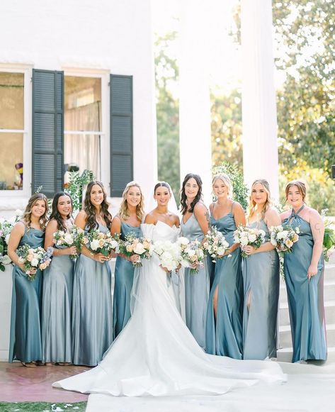 Timeless in something blue 💙 Featuring the Shiny Satin bridesmaid dresses in Twilight and Dusty Blue #BIRDYGREY #birdyinthewild Bride: @eliannadavies_ Photographer: @sarahlindholmphotography Venue: @woodbinemansion Florist: @exquisitepetals Mismatched Bridesmaid Dresses Blue, Blue Fall Wedding, Dream Wedding Decorations, Wedding Party Outfits, Light Blue Wedding, Bridesmaid Colors, Dusty Blue Bridesmaid Dresses, Bridesmaid Inspiration, Something Blue Wedding