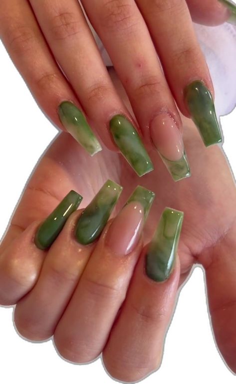 Chic Nails Square, Long Squoval Acrylic Nails, Cotteque Nails, Gel Extension Nail Designs, Gel X Solid Color, Fall Season Nails Green, Green With Flowers Nails, Dark Acrylic Nails Ideas, Short Nails Acrylic Green