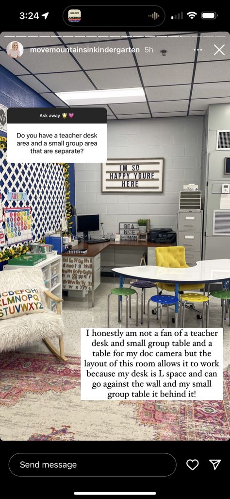 Small Group Table As Teacher Desk, Student Area In Classroom, Teacher Computer Area, Teacher Area And Small Group Table, Elementary Teacher Desk Area, Teacher Desk With Small Group Table, Teachers Aide Desk Ideas, Teacher Desk Area Decor, Desk Arrangements Elementary