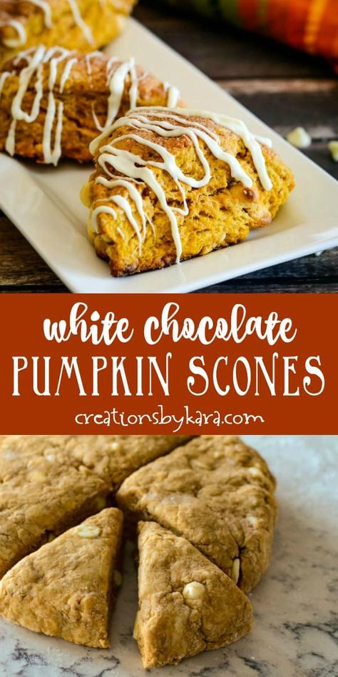 White Chocolate Pumpkin Scones - a perfect fall scone recipe. Loaded with white chocolate, topped with cinnamon sugar, and drizzled with white chocolate, these scones are amazing! #pumpkinsconerecipe #pumpkinscones #whitechocolatepumpkinscones #creationsbykara #sconerecipe White Chocolate Pumpkin Scones, Halloween Scones, White Chocolate Scones Recipe, Chocolate Scones Recipe, White Chocolate Scones, Pumpkin Scones Recipe, Future Chef, Chocolate Scones, Pumpkin Scones