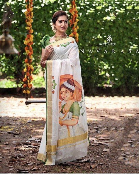 Painting Blouses, Onam Sarees, Plane Saree, Kerala Saree Blouse Designs, Onam Saree, Silk Saree Blouse Designs Patterns, Hand Paintings, Saree Painting Designs, Pencil Drawings Of Girls