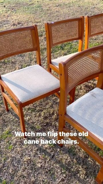 Shelly Chic Boutique on Instagram: "Watch me flip these old cane-back chairs that I bought for $10/each! Let me know what you think!⤵️ Products used (linked in Amazon storefront in bio): • @dewalttough orbital sander • @diablo_tools sand net • sanding block • @rustoleum automotive primer • @behrpaint limousine leather • @generalfinishes topcoat • fabric @amazonhome Be sure to SAVE and FOLLOW for more fun and affordable DIY projects! #diychair #canechairs #furnituremakeover #furnitureflip # Vintage Cane Chair Makeover, Cane Chair Makeover, Diy Bff, Upcycle Chair, Cane Back Chairs, Guest Bathroom Remodel, Orbital Sander, Cane Chair, Sanding Block