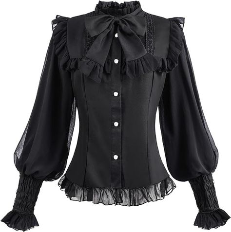 FCCAM Black Victorian Blouse for Women 1800s Long Sleeve Button Down Blouse with Bowknot M at Amazon Women’s Clothing store Steampunk Blouse, Victorian Shirt, Ruffled Shirt, Victorian Blouse, Dressy Blouse, Victorian Lady, Blouse For Women, Ruffle Shirt, Lace Ruffle