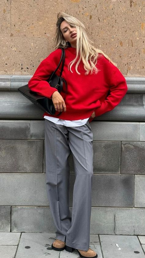 Red Sweater Fall Outfit, Red Wool Sweater Outfit, Grey And Maroon Outfit, Red And Grey Outfits For Women, Swedish Outfit Street Style, Gray And Red Outfit, Red Pants Outfit Winter, Red Office Outfit, Grey And Red Outfits