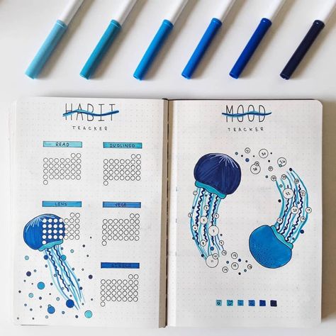 22 Ocean Bullet Journal Ideas for a Sea-tacular BuJo - The Creatives Hour Ocean Theme Journal Ideas, Ocean Themed Journal, Ocean Theme Bullet Journal, Sea Journal Ideas, Bujo Sea Theme, Blue Journal Cover Ideas, Ocean Mood Tracker, Blue Bujo Theme, Bujo Ocean Theme