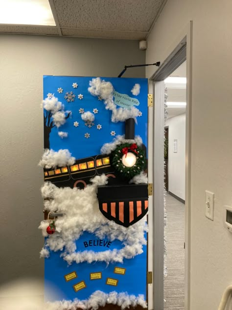 Christmas Door Decorations For School Polar Express, Amazing Christmas Door Decorations, Christmas Train Door Decoration, Winter Themed Door Decorations, Door Competition Decorating Ideas, Elf School Door Decorations, Christmas Door Decorations For High School, Silent Night Door Decoration, Door Decorating Classroom Christmas