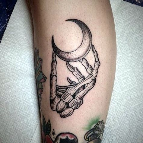 Magical Moon Tattoo Designs (38) Muster Tattoos, Skeleton Tattoos, Disney Tattoo, Halloween Tattoo, Tattoo Feminina, Halloween Tattoos, Pattern Tattoo, Hand Holding, Trendy Tattoos